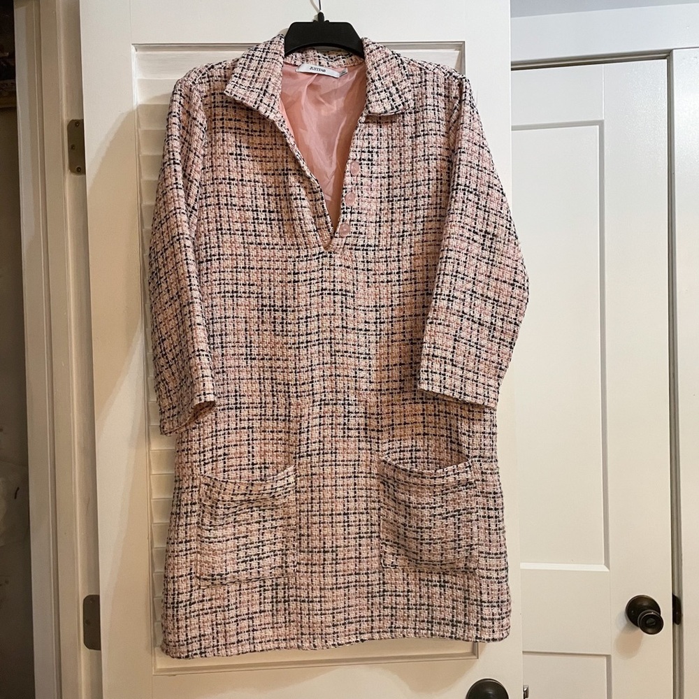Tweed Shift Dress - pink and black
